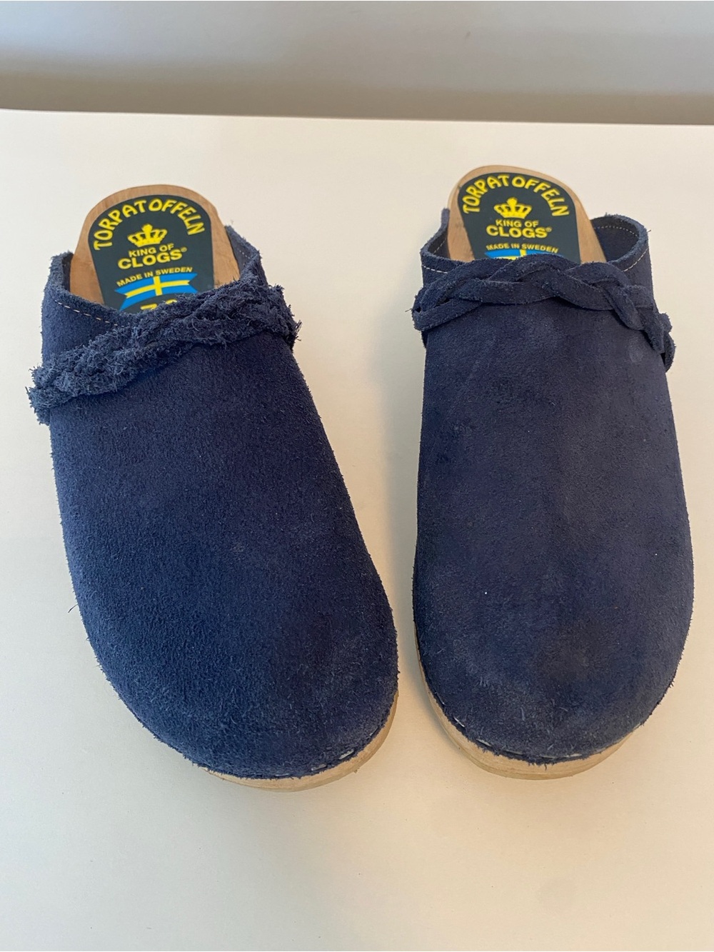 Women’s Navy Suede Slip-On Clogs with Braided Trim